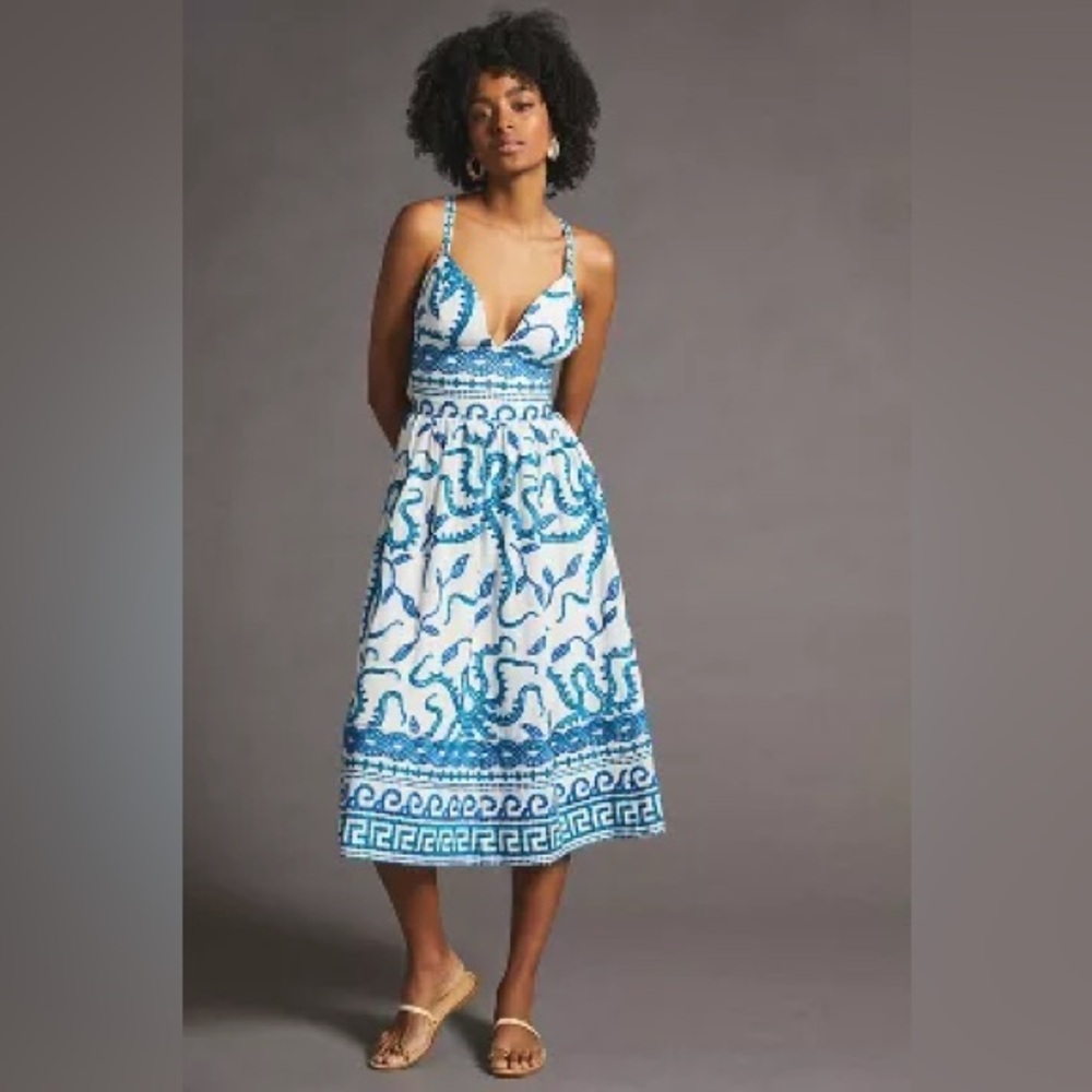 Anthropologie Maeve White and Blue Tank Midi Dress
